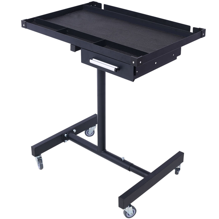 Giga adjustable tear down work table with drawer, heavy-duty steel, rubber corners, four swivel casters, 220 lb capacity, portable.