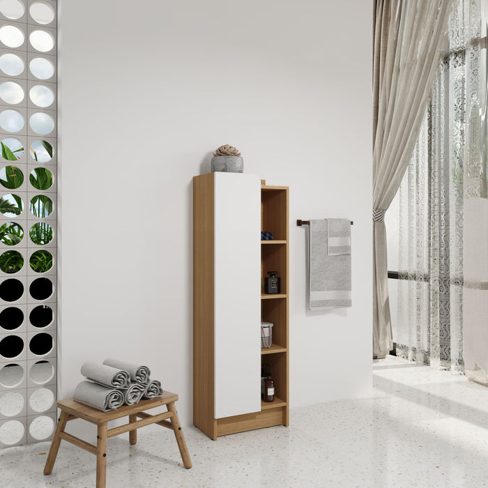 Giga tall freestanding bathroom linen cabinet with single door and open shelves in black, light oak, and white finish