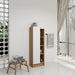Giga tall freestanding bathroom linen cabinet with single door and open shelves in black, light oak, and white finish