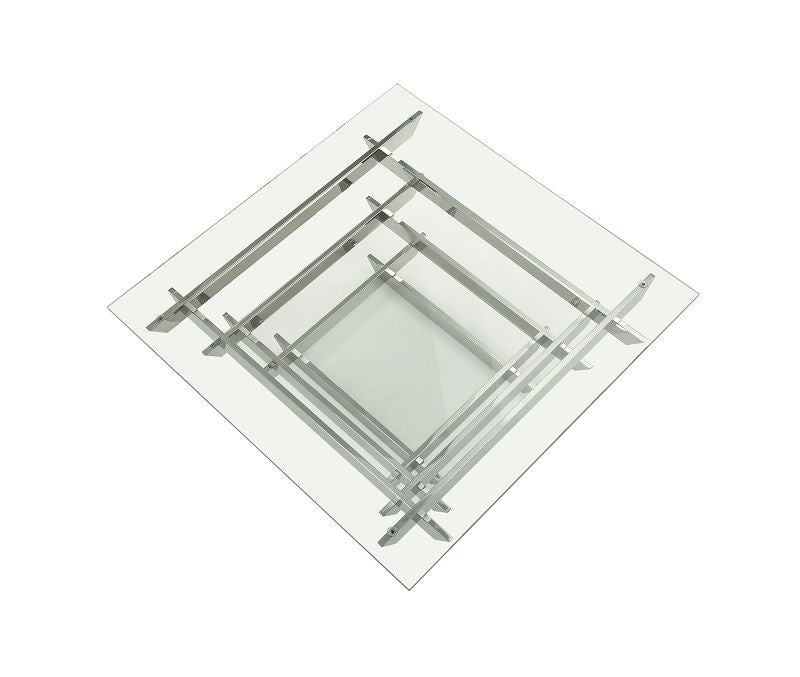 Square glass and stainless steel coffee table with shelf by HomeRoots, featuring a clear glass top and silver frame.