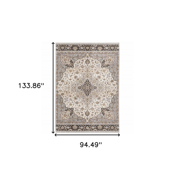 8' x 11' Oriental Power Loom Stain Resistant Area Rug With Fringe - Ivory And Blue