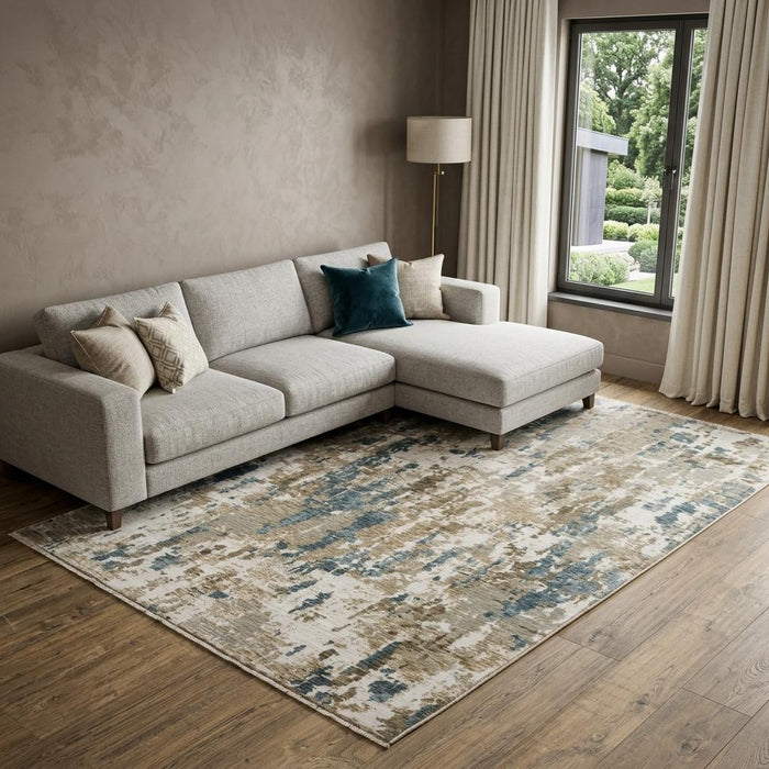 10' X 13' Abstract Area Rug With Fringe (575156) - Beige / Ivory / Teal