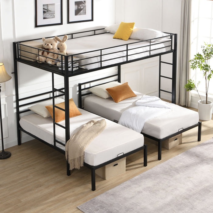 Black metal triple bunk bed with vertical ladder, safety rail, and storage shelf, designed for space-saving sleeping solutions.