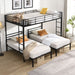 Black metal triple bunk bed with vertical ladder, safety rail, and storage shelf, designed for space-saving sleeping solutions.