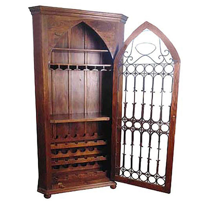 44" Solid Wood And Iron Bar Cabinet With Three Shelves - Dark Brown