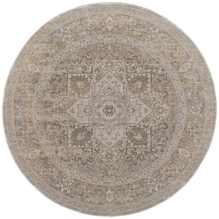 7.8' x 7.8' Round Medallion Power Loom Distressed Area Rug - Brown And Ivory