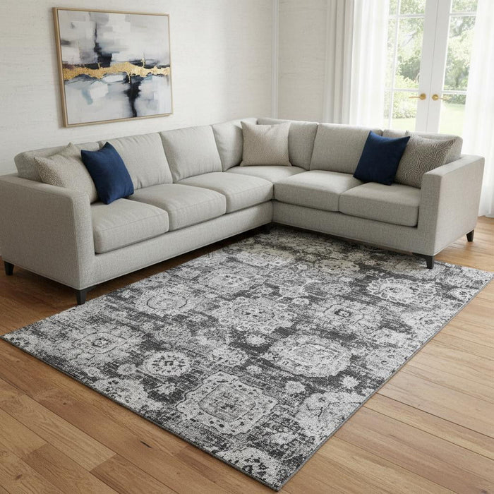 10' X 14' Floral Washable Area Rug With UV Protection (653206) - Gray / Ivory