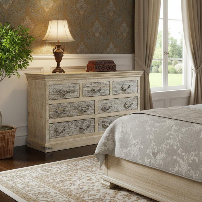 64" Solid Wood Seven Drawer Double Dresser - White