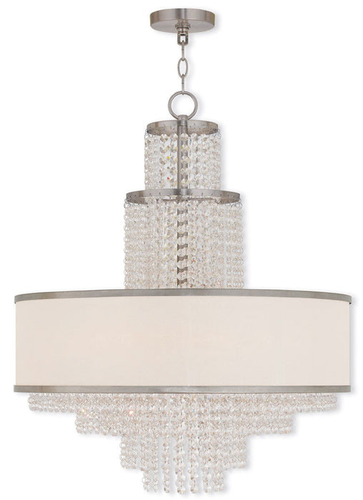 Six-light metal chandelier by HomeRoots with adjustable dimmable feature, featuring clear and off-white shades in a nickel finish.