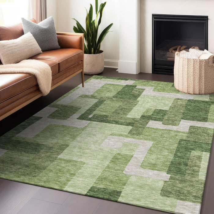 9' X 12' Abstract Geometric Washable Area Rug With UV Protection - Green / Ivory