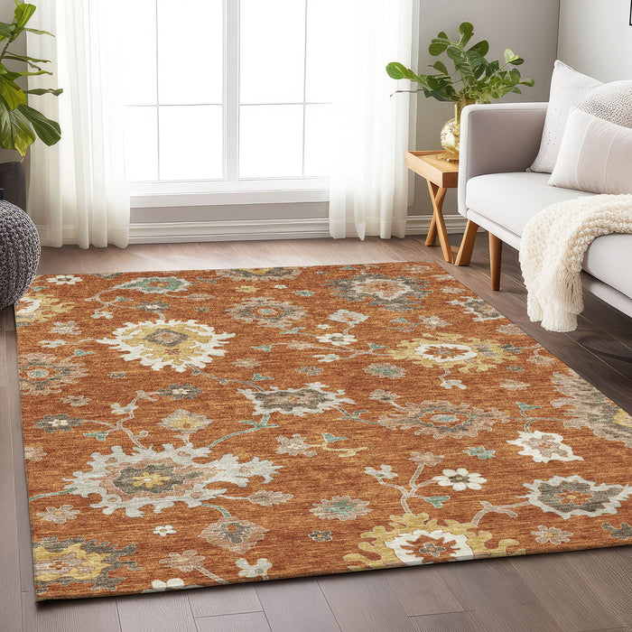 8' X 10' Floral Medallion Washable Area Rug With UV Protection - Rust