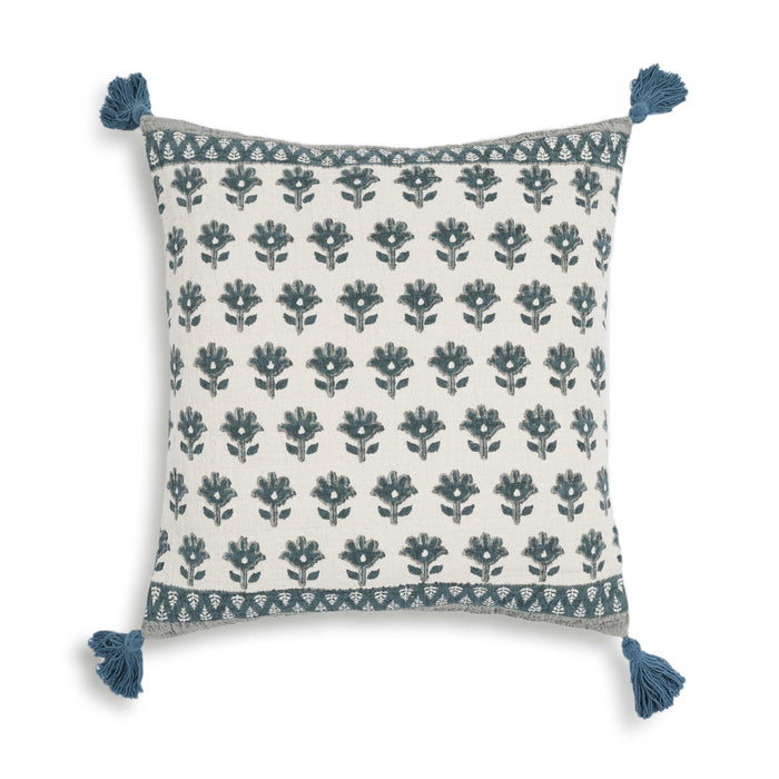 Blue Blossom 20-inch printed cotton tassel accent cushion by TOV Furniture, featuring a floral design and decorative tassels.