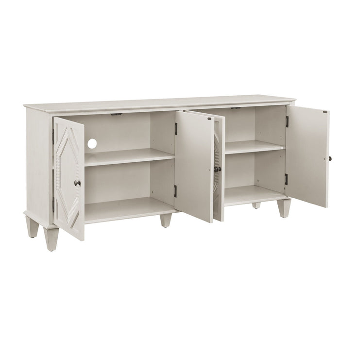 Wood Carved Geometric Accent Cabinet With Four Doors - White