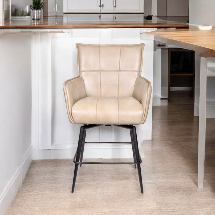 Genuine Leather Iron Counter Height Swivel Bar Chair - Stone / Black
