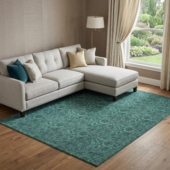 10' X 14' Floral Washable Area Rug With UV Protection (655096) - Teal / Charcoal