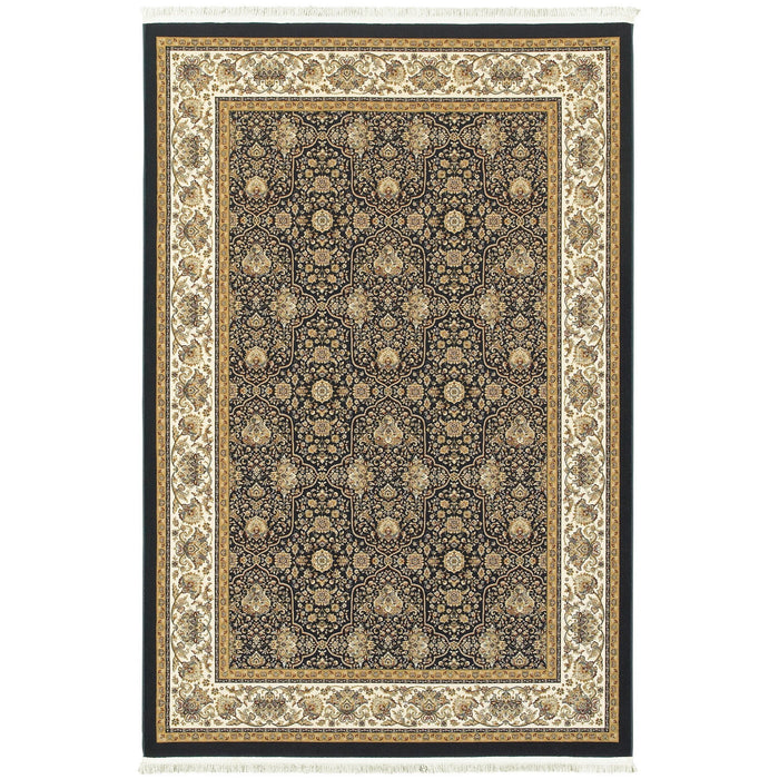 8' X 11' Oriental Area Rug With Fringe - Navy Blue / Ivory