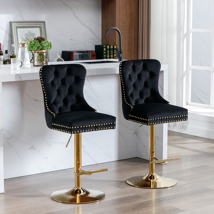 Set of 2 Giga modern upholstered swivel barstools with tufted backs, adjustable height 25-33 inches, ideal for kitchen or pub.