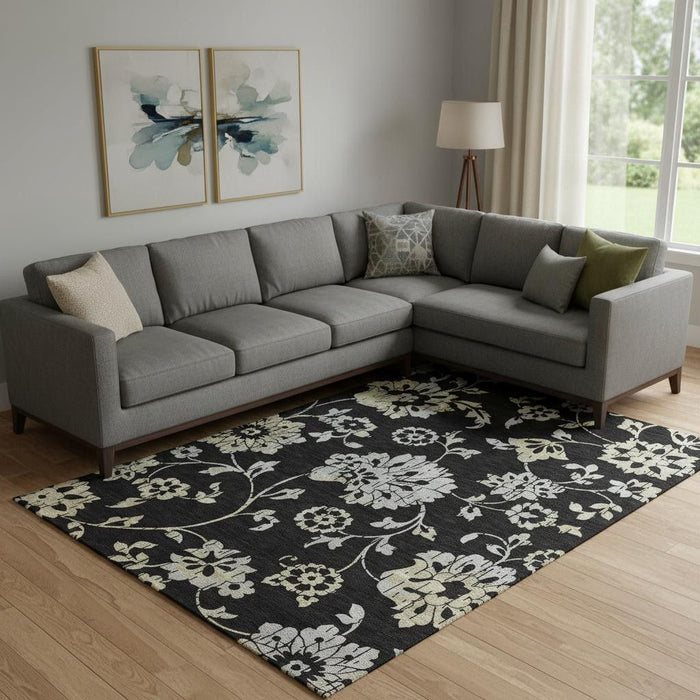 10' X 14' Floral Washable Area Rug With UV Protection (667897) - Black / Silver / Beige