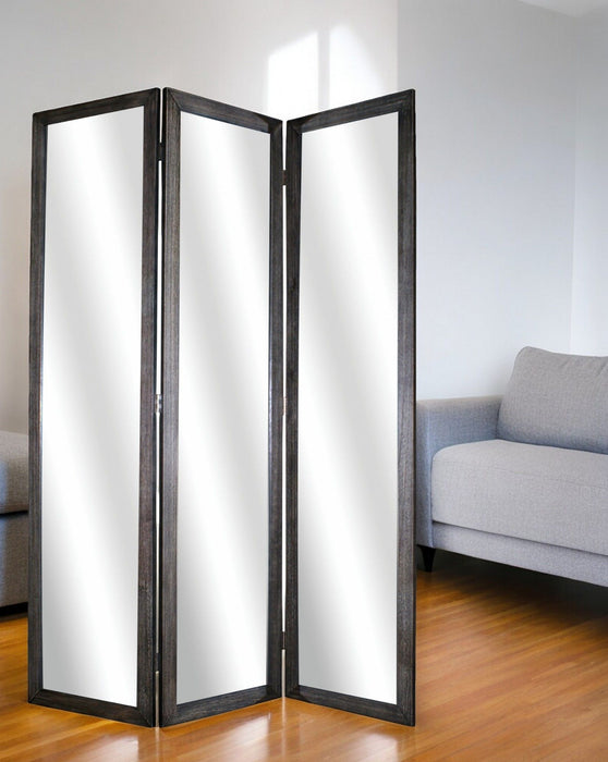 Wood And Mirrored Glass Folding Three Panel Screen Room Divider - Black