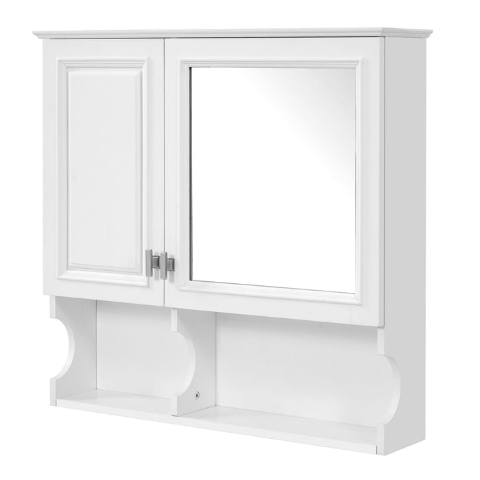 Giga wall mounted mirror medicine cabinet with doors and open shelves for bathroom storage, featuring a sleek reflective surface.