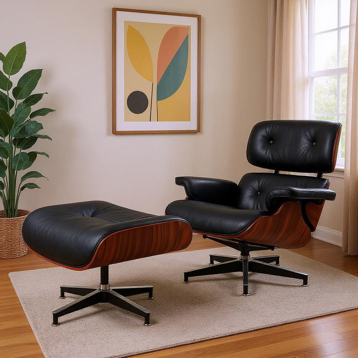 27" Tufted Genuine Leather Swivel Lounge Chair With Ottoman - Black / Rosewood