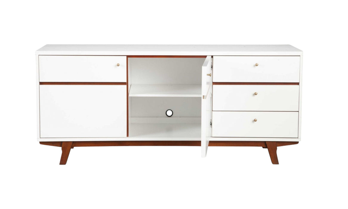 White mahogany solids and veneer TV stand with enclosed storage and open shelving by HomeRoots.