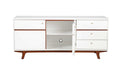 White mahogany solids and veneer TV stand with enclosed storage and open shelving by HomeRoots.