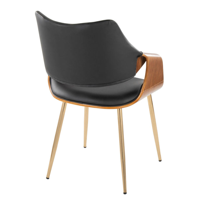 Curvo - High Back Chair (Set of 2) - Gold Metal, Walnut Wood, Black Faux Leather