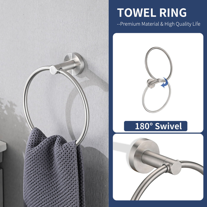 Giga stainless steel bathroom organization accessories set with towel bar, toilet paper holder, ring, and hook in brushed nickel finish