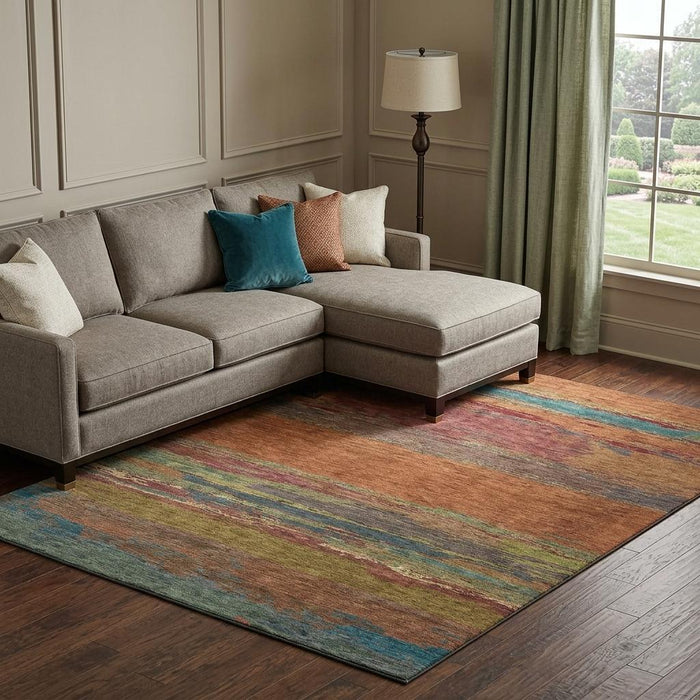 10' X 14' Abstract Washable Area Rug With UV Protection (692739) - Terra Cotta / Teal / Green