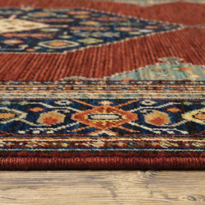8' x 11' Oriental Power Loom Stain Resistant Area Rug With Fringe - Red Blue Orange And Ivory