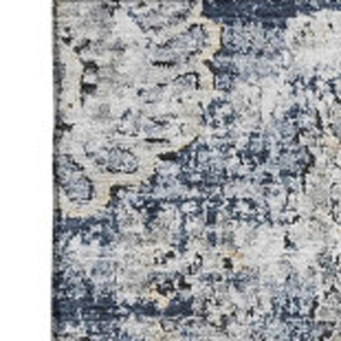 10' X 14' Floral Washable Area Rug With UV Protection (653218) - Navy Blue / Ivory