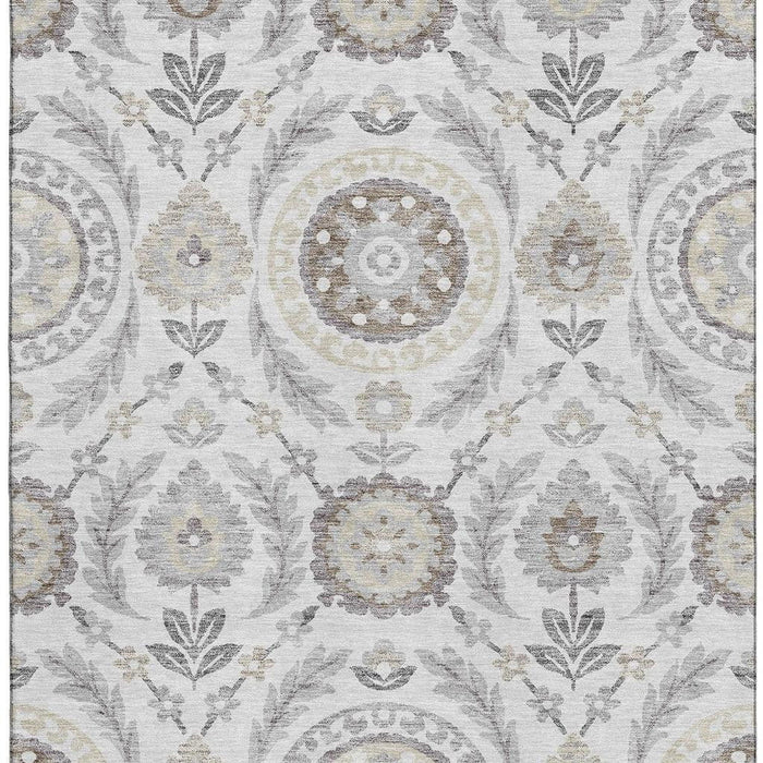 8' X 10' Floral Washable Area Rug With UV Protection - Silver And Beige