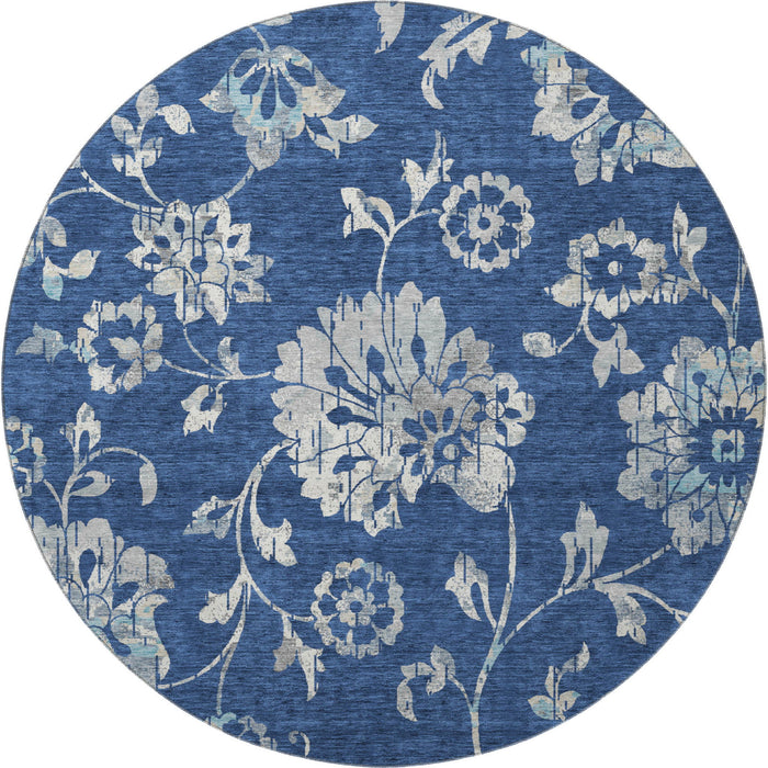 8' Floral Washable Round Rug With UV Protection (667924) - Navy Blue / Silver