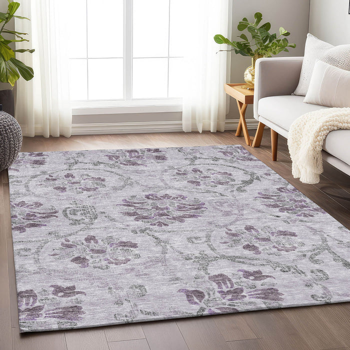 10' X 14' Floral Washable Area Rug With UV Protection - Lavender And Silver