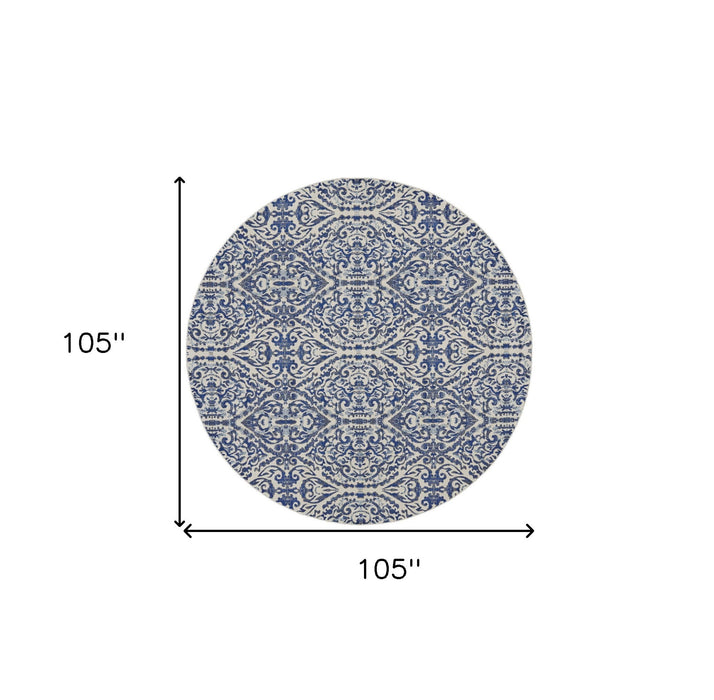 9' Round Floral Distressed Area Rug - Blue And Ivory