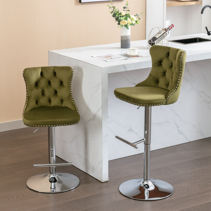Set of 2 Giga modern swivel barstools with tufted upholstered backs, adjustable height 25-33 inches, ideal for kitchen islands.
