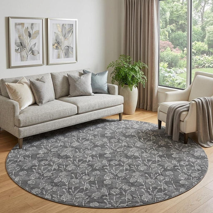8' Floral Washable Round Rug With UV Protection (656439) - Gray / Silver