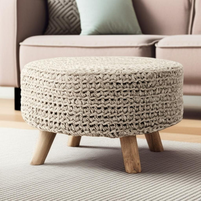 Wool Round Footstool - Gray / Brown
