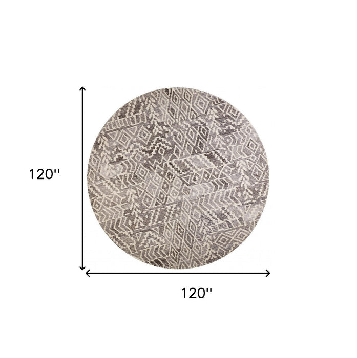10' Round Wool Abstract Hand Tufted Area Rug - Gray And White