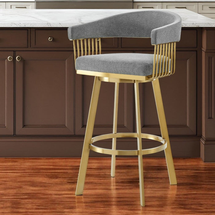 26" Fabric And Stainless Steel Low Back Counter Height Swivel Bar Chair - Gray / Gold