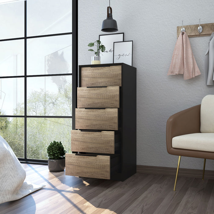 Manufactured Wood Five Drawer Chest - Black / Light Oak