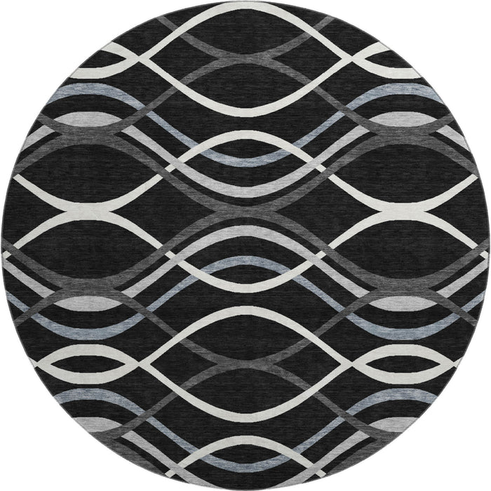 8' Transitional Abstract Washable Polyester Round Rug With UV Protection - Black / Gray