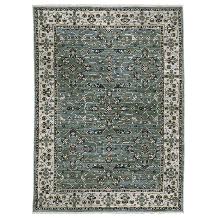 8' X 11' Floral Area Rug With Fringe - Blue And Green