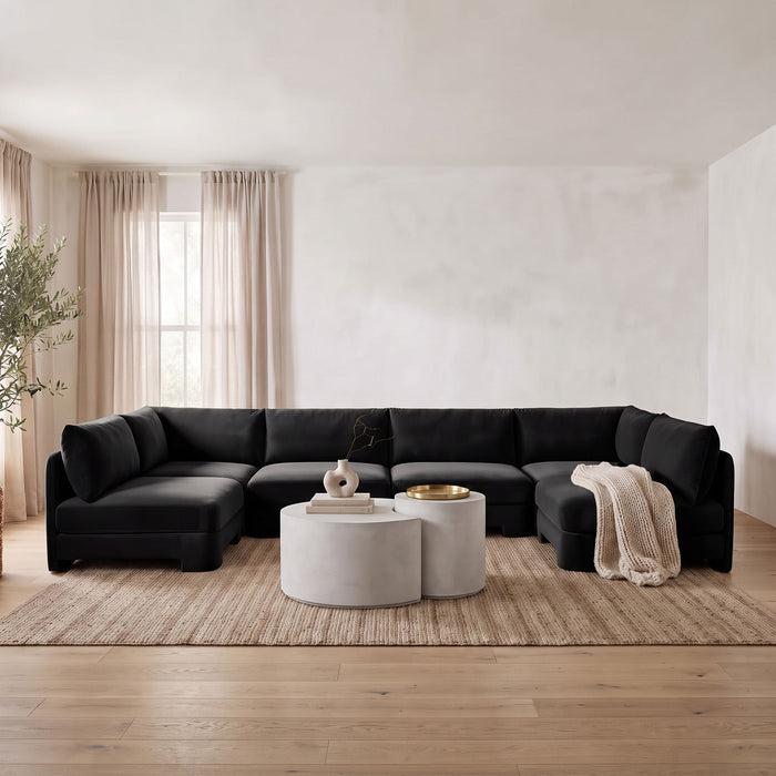 Meridian Furniture Hammond velvet performance fabric 6-piece U-shaped armless sectional sofa with plush upholstery and modern design.
