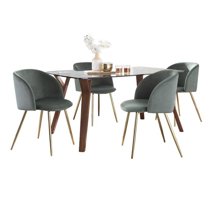 Folia - Fran 5 Piece Dining Set - Walnut Wood, Clear Glass, Sage Green Velvet, Gold Metal