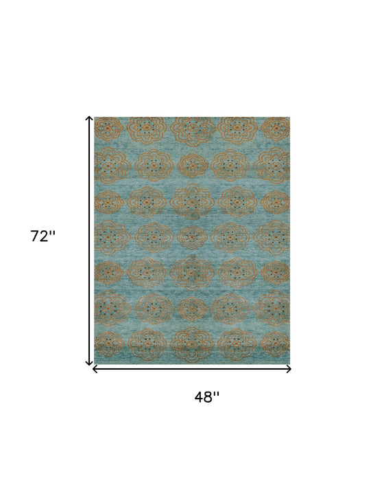 4' x 6' Floral Hand Knotted Worn Faded Area Rug - Green Blue And Taupe