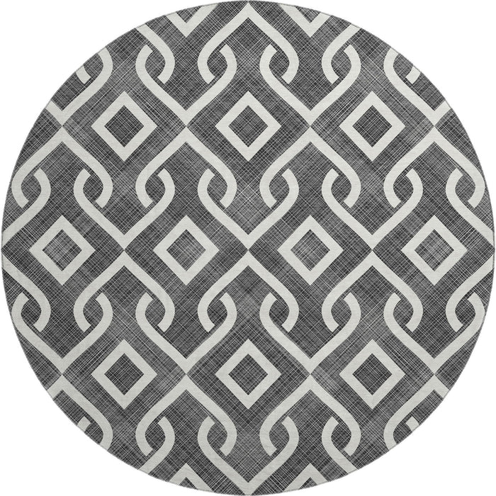 8' Geometric Washable Round Rug With UV Protection (652464) - Black / Ivory