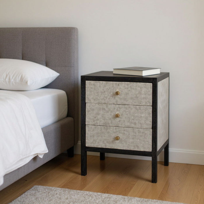 24" Solid Wood And Faux Sha Three Drawer Nightstand - Gray And Black