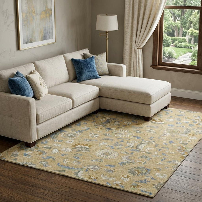 10' X 14' Floral Washable Area Rug With UV Protection (679018) - Wheat / Blue / Beige